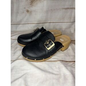 Y2K Dr Scholls Black Leather Wooden Clogs Size 8 Platform Mules